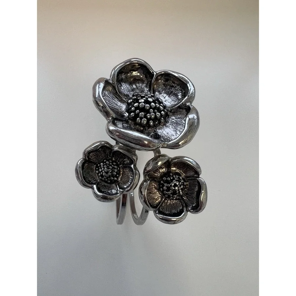 Silver Toned Flower Floral Poppy Cuff Rigid Bracelet Bohemian Festival Fairy